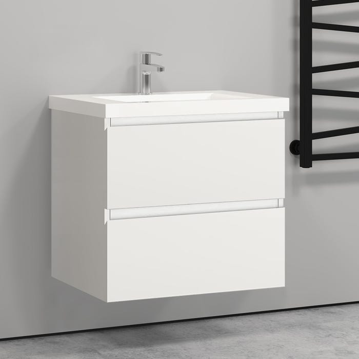 Aica 60cm(L)x38.5cm(P)x52cm(H) Meuble salle de bain blanc deux tiroirs avec une vasque à suspendre