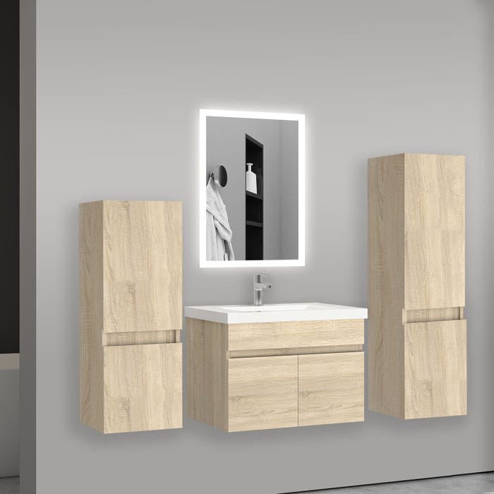 Aica Ensemble de meuble de salle de bain chêne clair 59cm+Vasque+Miroir+Colonne meuble salle de bain-Armoire de rangement-Meubles-lavabos