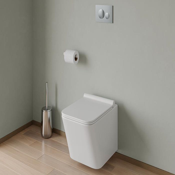 Pack WC suspendu blanc avec bâti-support et plaque de déclenchement chrome ronde - CLEMONA