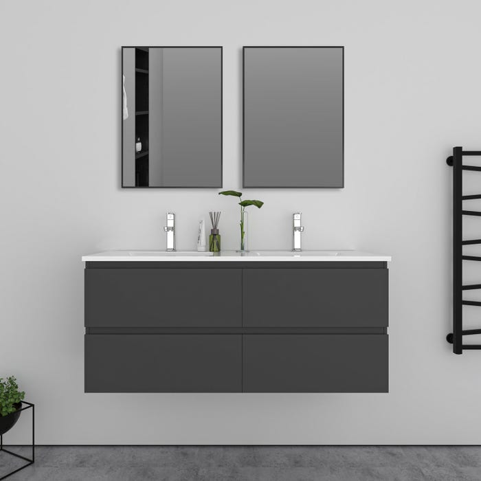 Meuble double vasque, 4t L.120 x W.46 x H.52 cm,Anthracite,avec lavabo et 2*miroir encadré