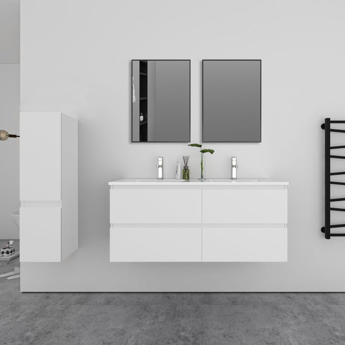 Ensemble 2 meubles blanc et vasques L.120cm 4 tiroirs + colonne haut + lavabo + 2*miroir