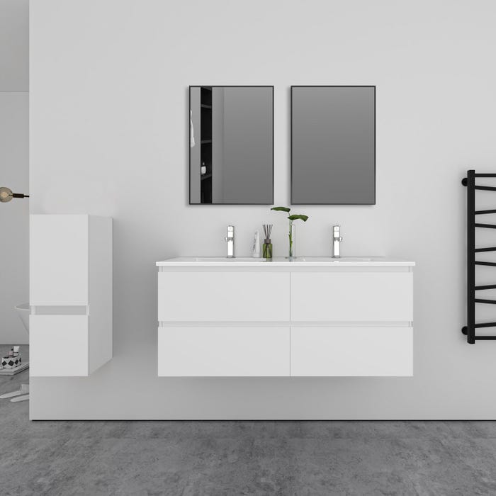 Ensemble 2 meubles blanc et vasques L.120cm 4 tiroirs + colonne + lavabo + 2*miroir