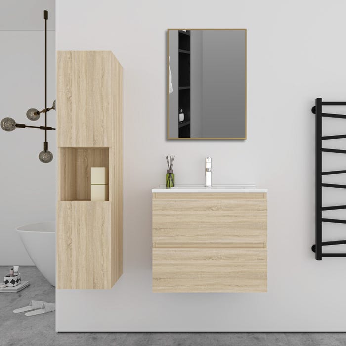 Ensemble meuble Chêne et vasque L.60cm 2 tiroirs + colonne*1 haut + lavabo + miroir 70*50cm