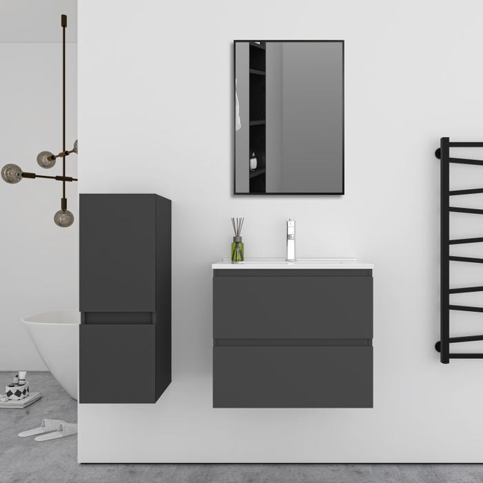 Ensemble meuble Anthracite et vasque L.60cm 2 tiroirs + colonne + lavabo + miroir