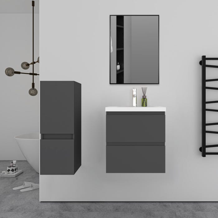 Ensemble meuble Anthracite et vasque L.50cm 2 tiroirs + colonne + lavabo + miroir