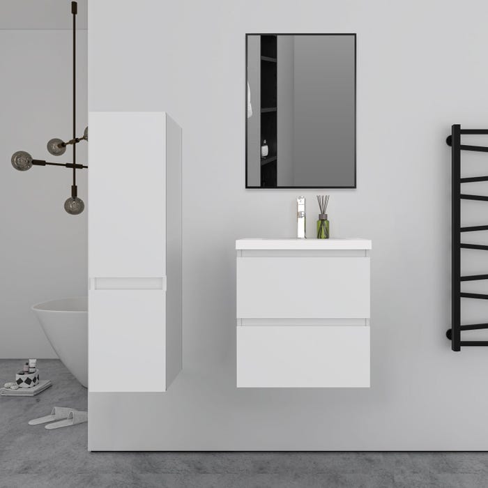 Ensemble meuble blanc et vasque L.50cm 2 tiroirs + colonne haut+ lavabo + miroir