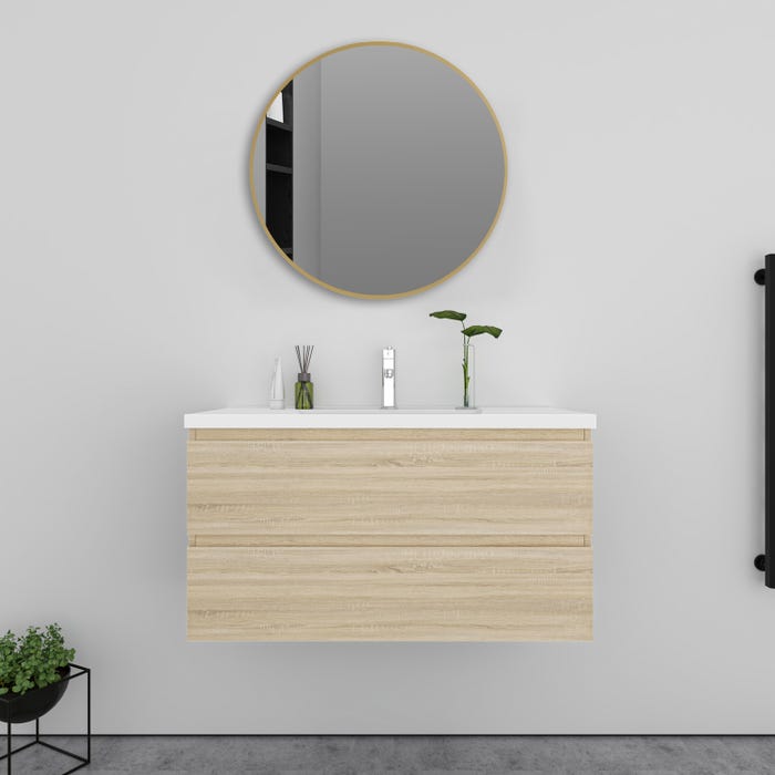 Meuble Chêne simple vasque L.99 x W.46 x H.52 cm,lavabo + miroir rond