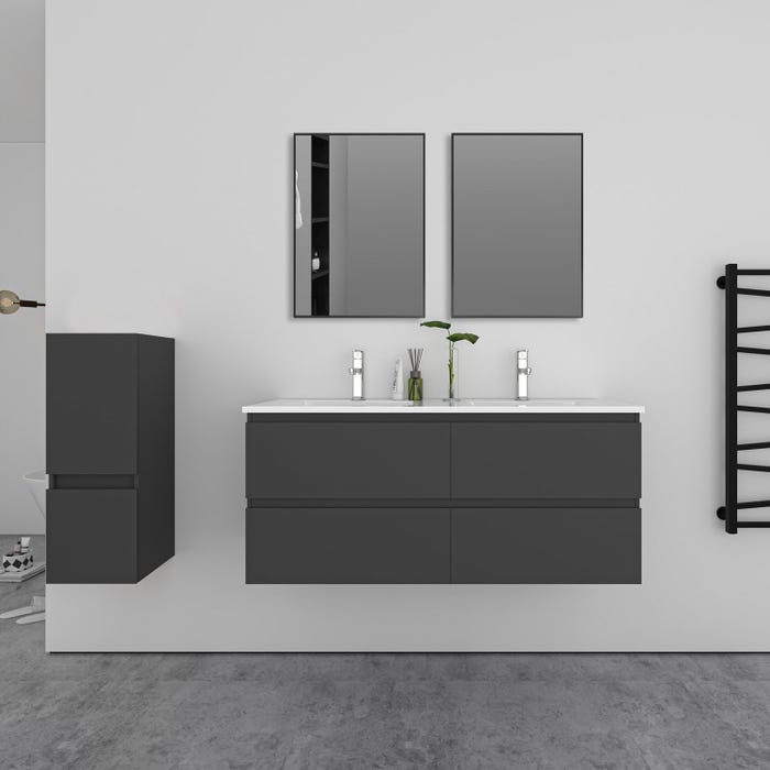 Ensemble 2 meubles Anthracite et vasques L.120cm 4 tiroirs + colonne + lavabo + 2*miroir