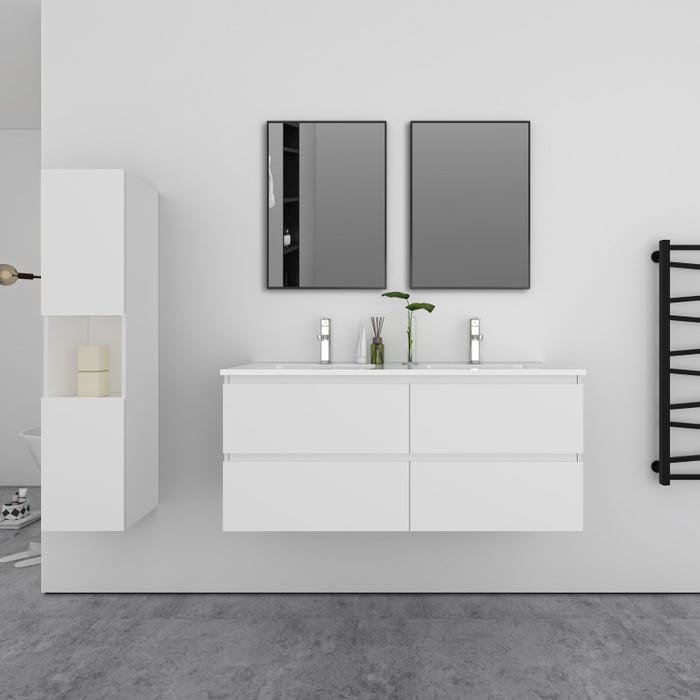 Ensemble 2 meubles blanc et vasques L.120cm 4 tiroirs + colonne*1 haut + lavabo + 2*miroir