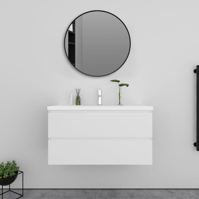 Meuble Blanc simple vasque L.99 x W.46 x H.52 cm,lavabo + miroir rond