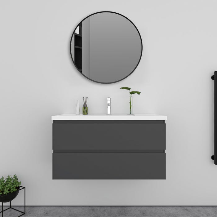 Meuble Anthracite simple vasque L.99 x W.46 x H.52 cm,lavabo + miroir rond