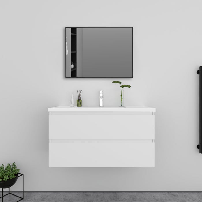 Meuble vasque salle de bain 2 tiroirs avec lavabo et miroir encadré–Blanc L.99 x W.46 x H.52 cm