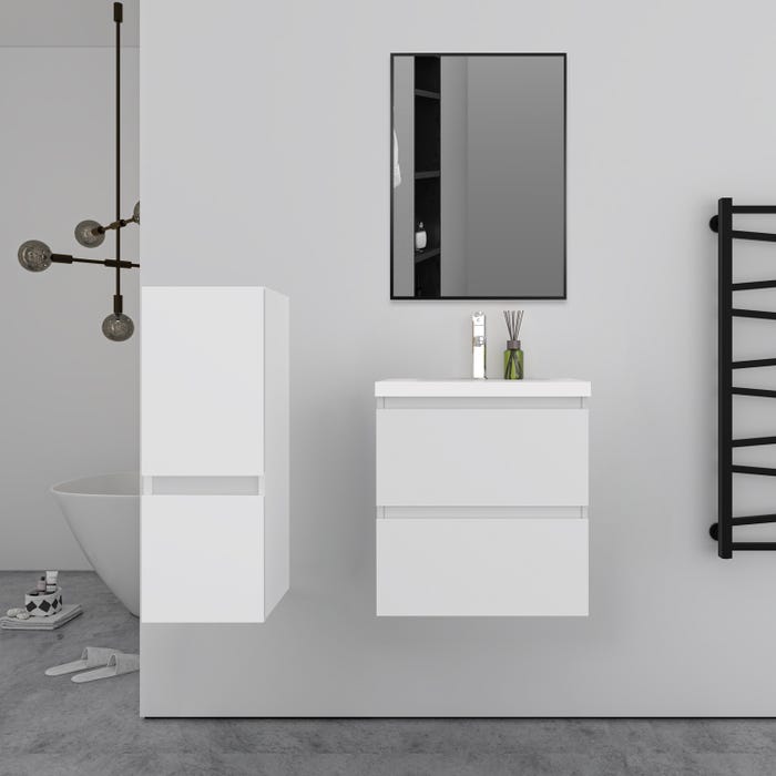 Ensemble meuble blanc et vasque L.50cm 2 tiroirs + colonne + lavabo + miroir