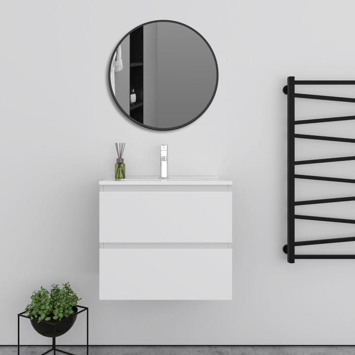 Meuble Blanc simple vasque L.60 x W.38.5 x H.52 cm,lavabo + miroir rond