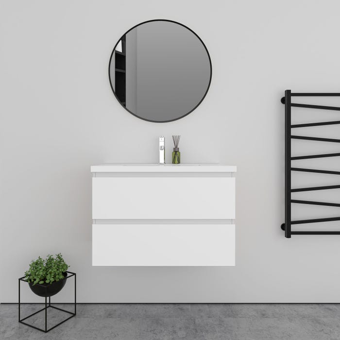 Meuble Blanc simple vasque L.79 x W.44.5 x H.52 cm,lavabo + miroir rond