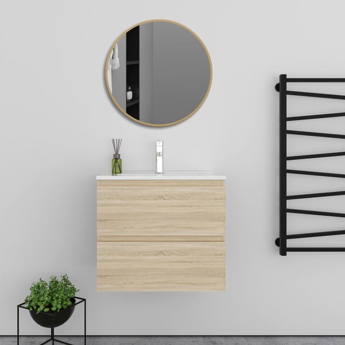 Meuble Chêne simple vasque L.60 x W.38.5 x H.52 cm,lavabo + miroir rond