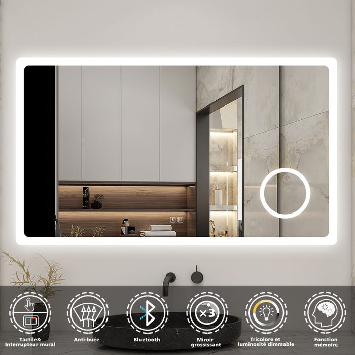 AICA Miroir lumineux loupe + bluetooth + tricolore + anti-buée 120x70cm salle de bain dimmable,mémoire,tactile,led