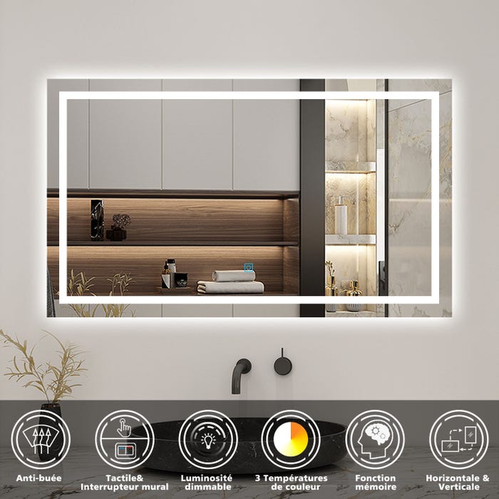 AICA LED miroir lumineux 3 couleurs tactile + anti-buée + dimmable + mémoire 120x70cm miroir salle de bain
