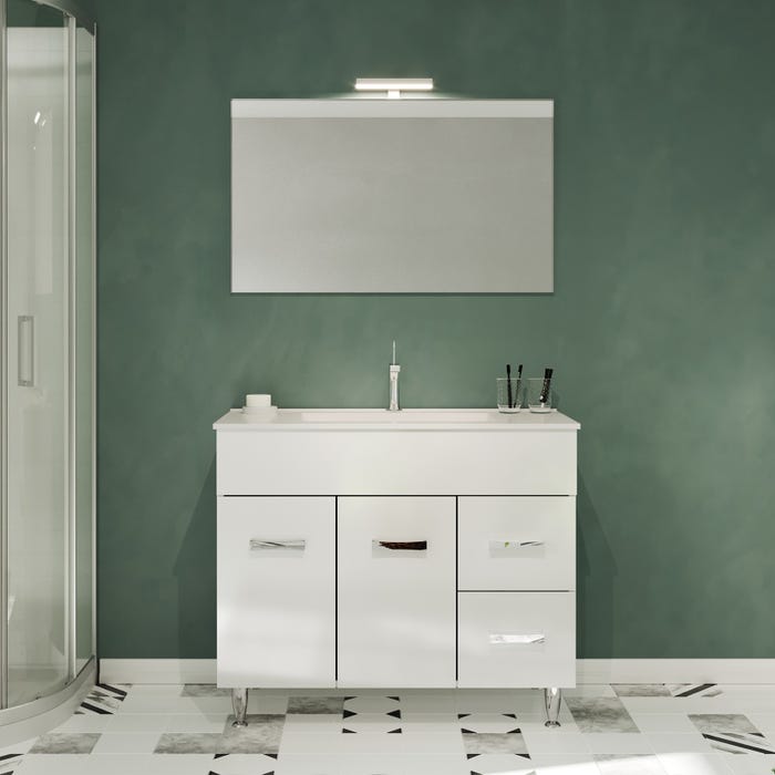 MADRID Meuble salle de bain sur pieds simple vasque Blanc L. 100 cm + miroir