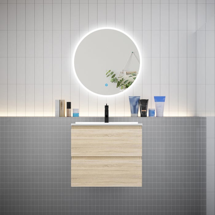 Ensemble meuble vasque L.60cm 2 tiroirs + lavabo + LED miroir rond 70cm,chêne