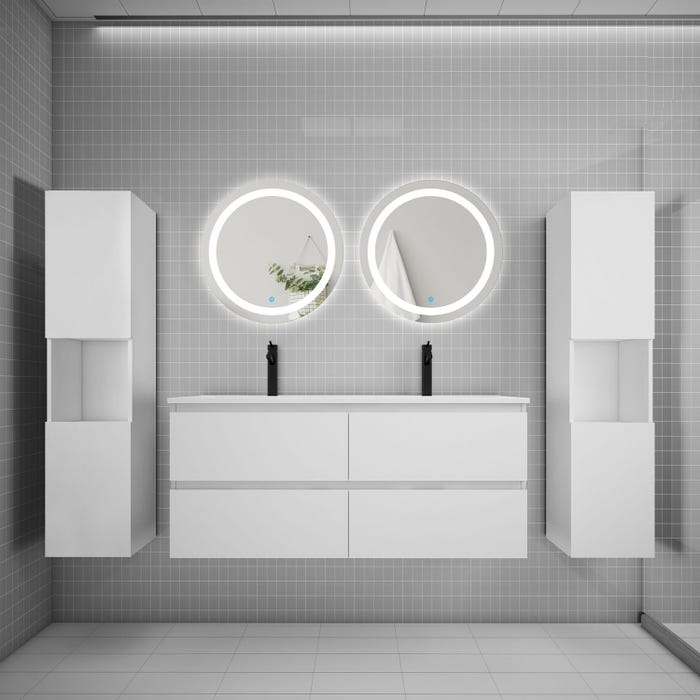 Ensemble meuble double vasque L.120cm 4 tiroirs + lavabo + 2*LED miroirs rond 60cm + 2*colonne,blanc,aica