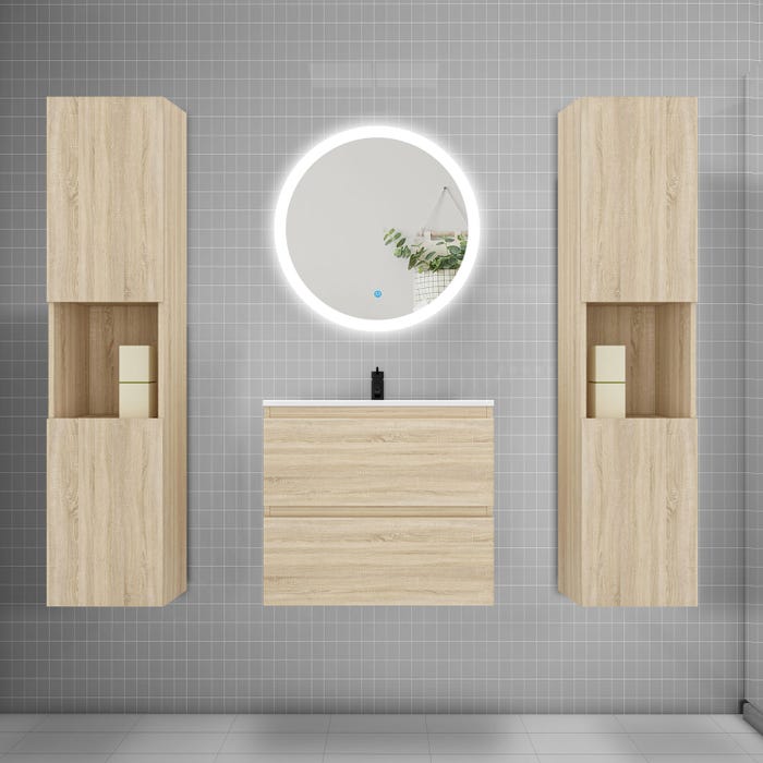 Ensemble meuble vasque L.60cm 2 tiroirs + lavabo + LED miroir rond 60cm + 2*colonne,chêne Aica
