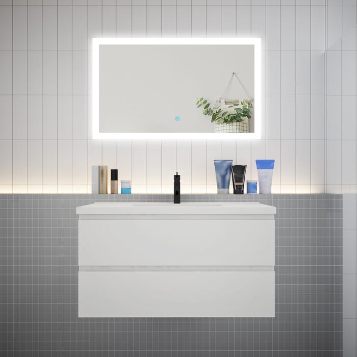 Ensemble meuble vasque L.99cm blanc 2 tiroirs + led miroir + lavabo,AICA