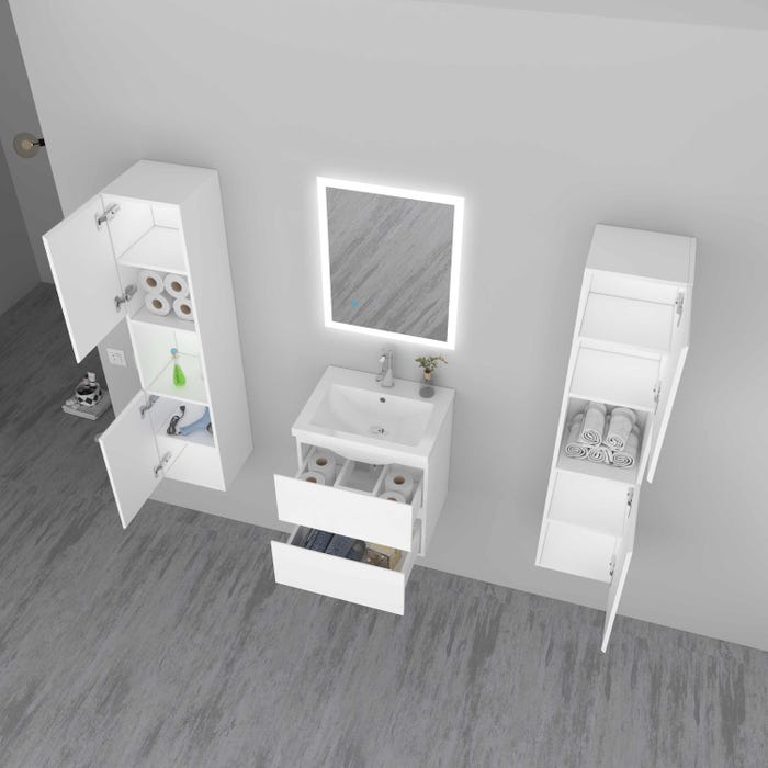 Ensemble de meuble de salle de bain 50cm vasque 2 tiroirs avec lavabo,miroir led et colonne–blanc