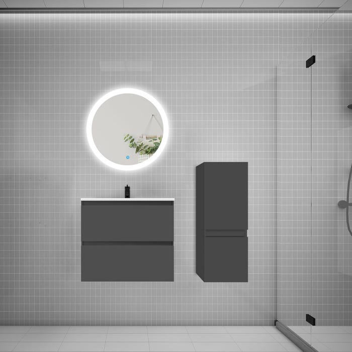 Ensemble meuble vasque L.60cm 2 tiroirs + lavabo + LED miroir rond 60cm + colonne,anthracite A