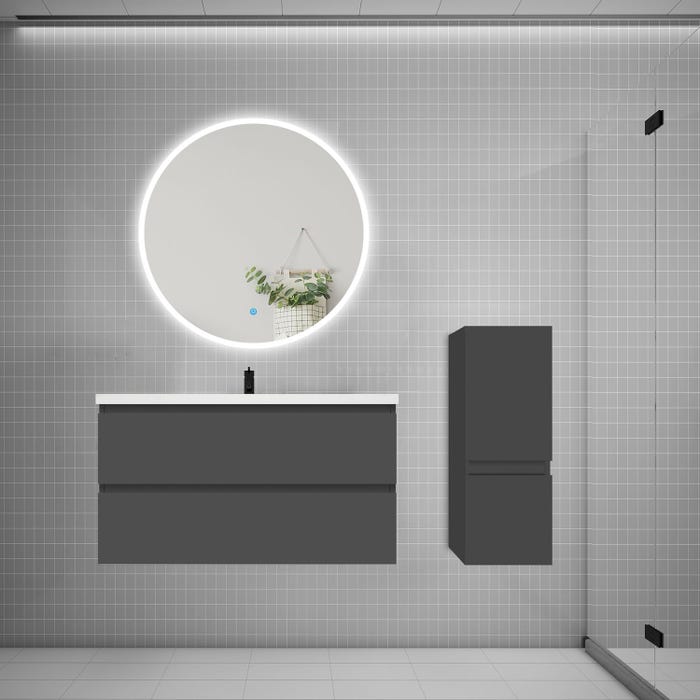 Ensemble meuble vasque L.99cm 2 tiroirs + lavabo + LED miroir rond 90cm + colonne,anthracite