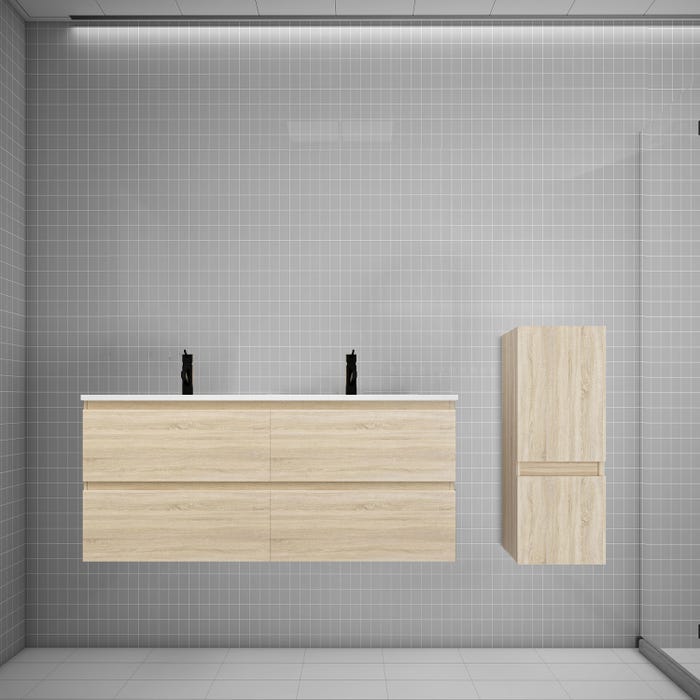 Ensemble meuble double vasque L.120cm chêne 2 tiroirs + colonne + lavabo,AICA