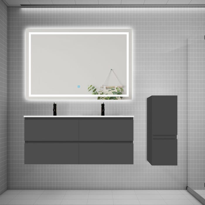 Ensemble meuble 2 vasque L.120cm 4 tiroirs + lavabo + LED miroir + colonne,anthracite,B