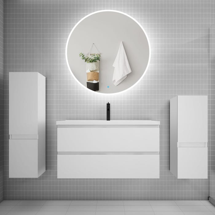 Ensemble meuble vasque L.99cm 2 tiroirs + lavabo + LED miroir rond 100cm + 2*colonne,blanc