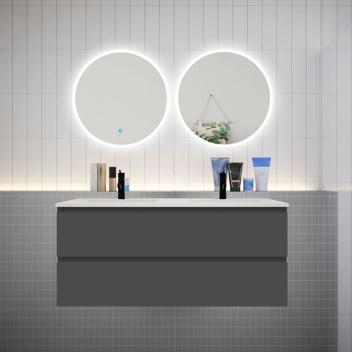 Ensemble meuble double vasque L.120cm 4 tiroirs + lavabo + 2 LED miroirs rond 60cm,anthracite,aica