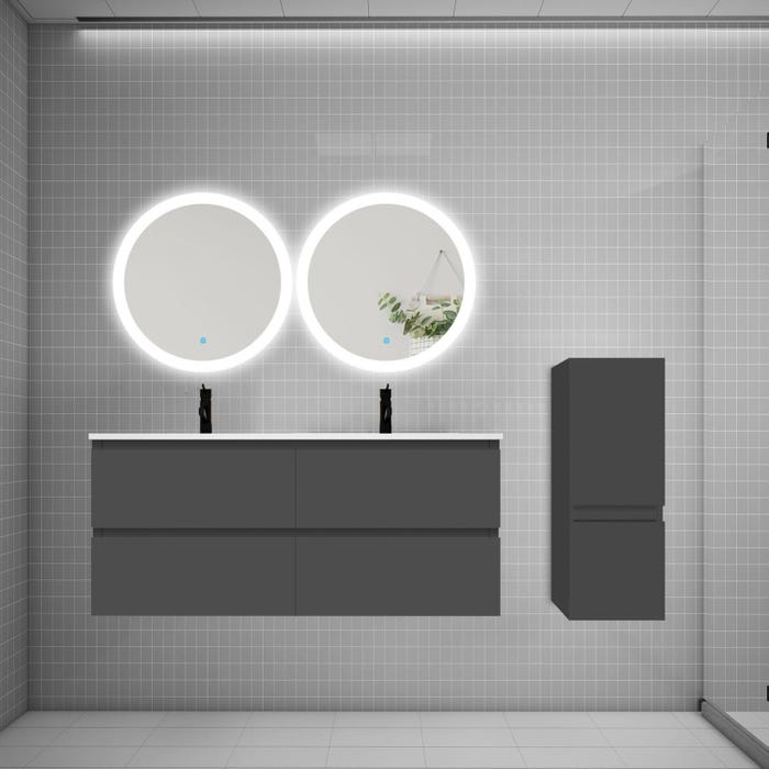 Ensemble meuble double vasque L.120cm 4 tiroirs + lavabo + 2 LED miroirs rond 60cm + colonne,anthracite AICA