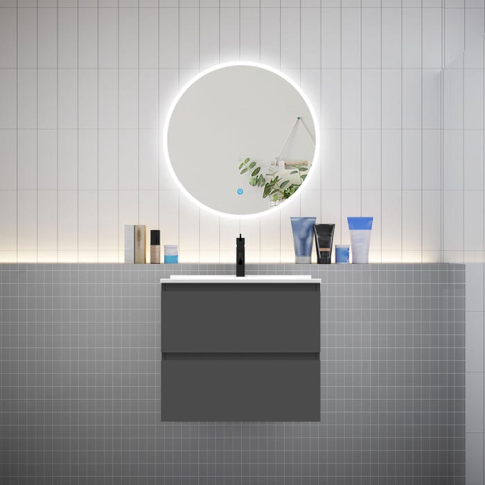 Ensemble meuble vasque L.60cm 2 tiroirs + lavabo + LED miroir rond 70cm,anthracite