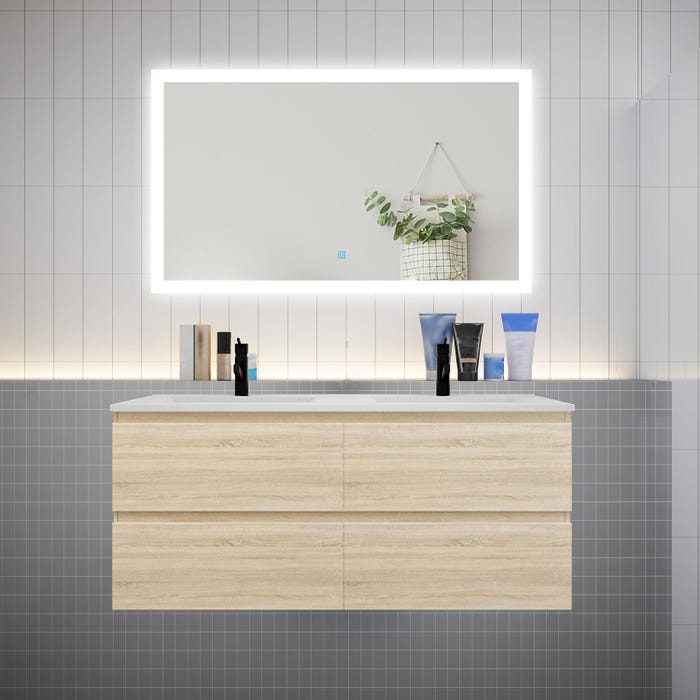 Ensemble meuble double vasque L.120cm chêne 4 tiroirs + led miroir + lavabo,AICA