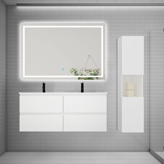 Ensemble meuble 2 vasque L.120cm 4 tiroirs + lavabo + LED miroir + colonne,blanc