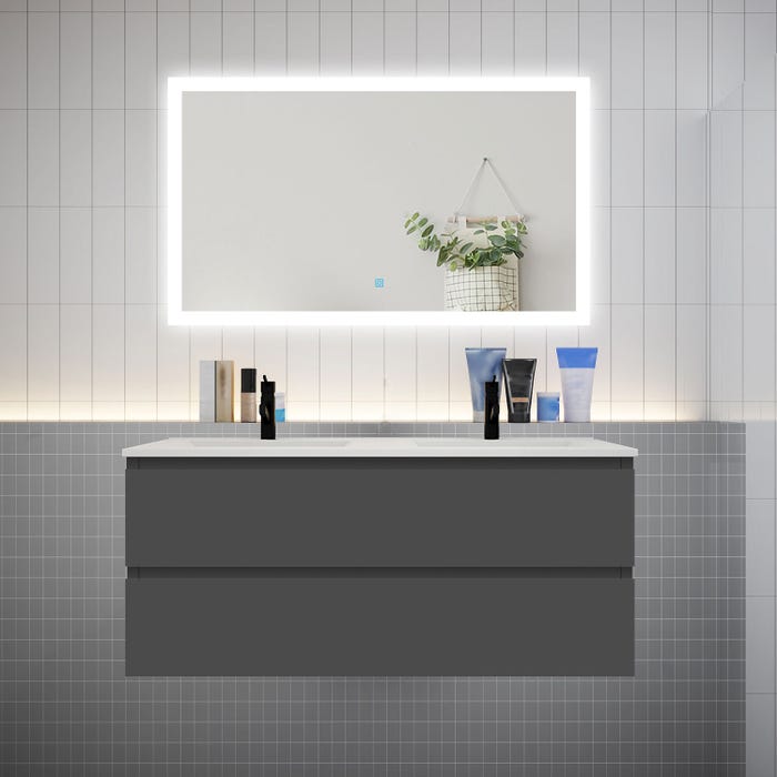 Ensemble meuble double vasque L.120cm anthracite 4 tiroirs + led miroir + lavabo,AICA