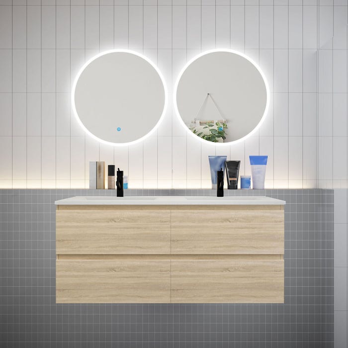 Ensemble meuble double vasque L.120cm 4 tiroirs + lavabo + 2 LED miroirs rond 60cm,chêne.aica