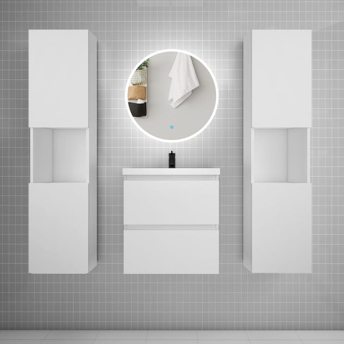 Ensemble meuble vasque L.50cm 2 tiroirs + lavabo + LED miroir rond 60cm + 2*colonne,blanc A