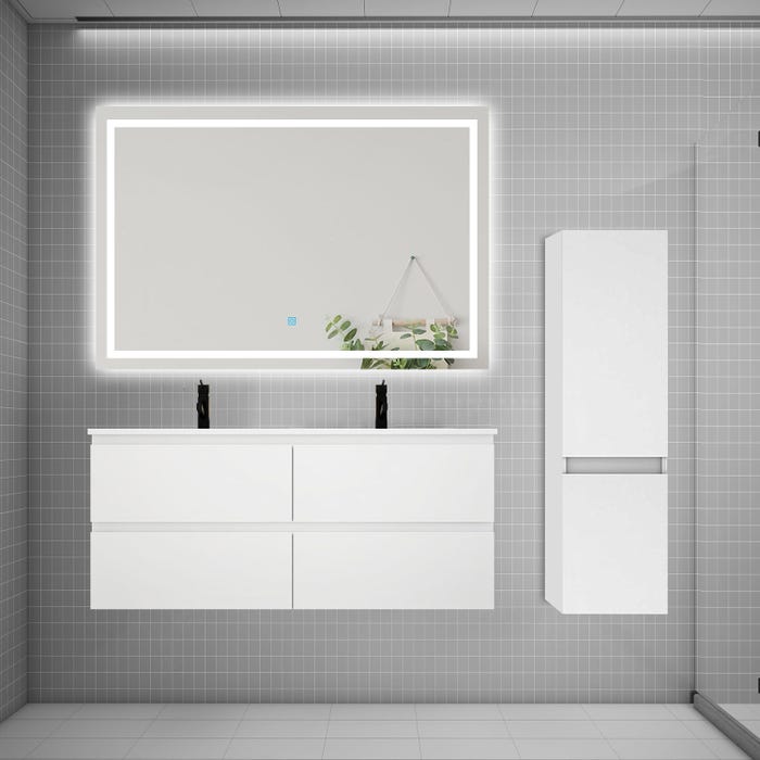 Ensemble meuble 2 vasque L.120cm 4 tiroirs + lavabo + LED miroir + colonne,blanc 1