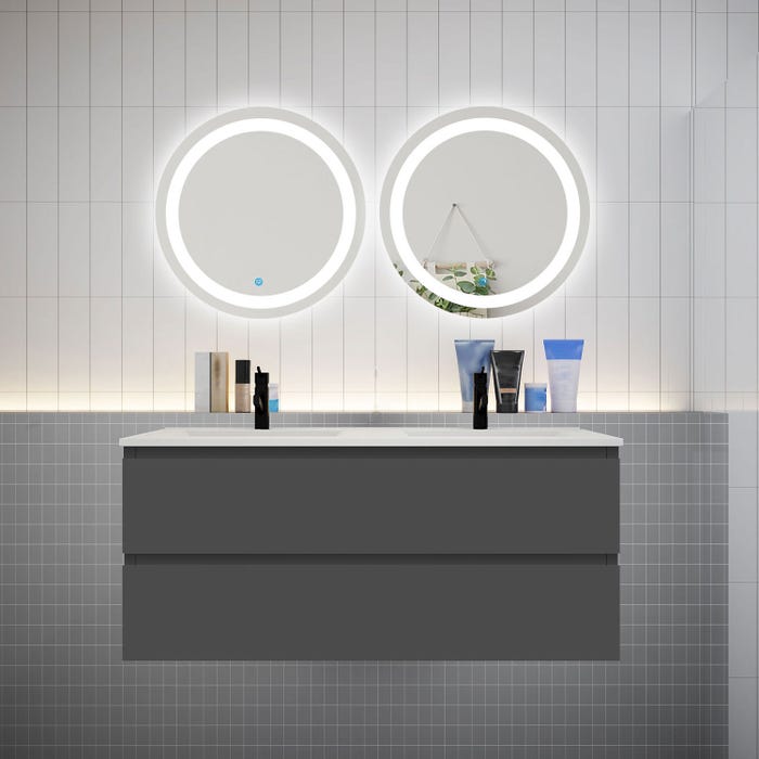 Ensemble meuble double vasque L.120cm 4 tiroirs + lavabo + 2 LED miroirs rond 60cm,anthracite，aica sanitaire