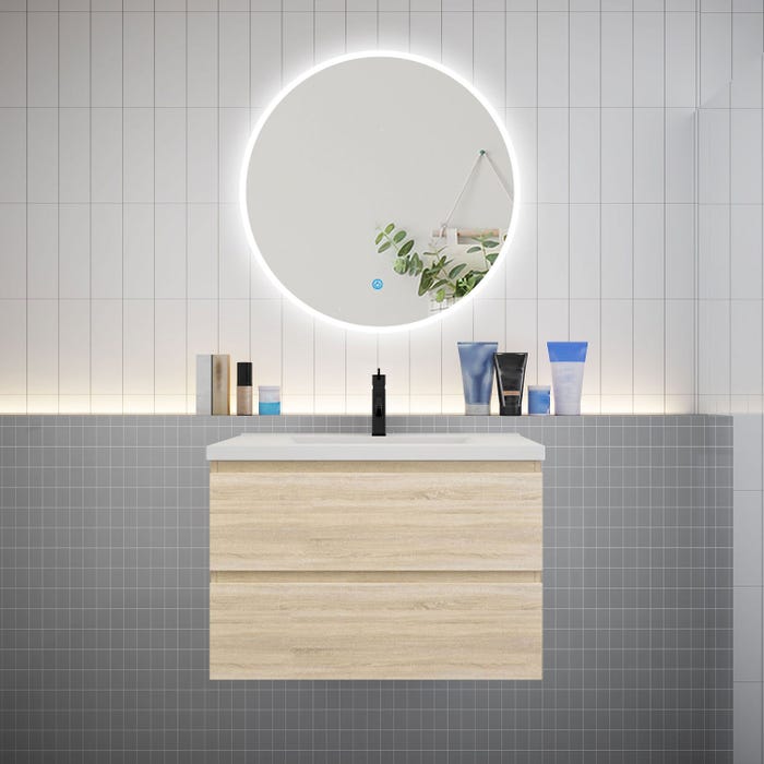 Ensemble meuble vasque L.79cm 2 tiroirs + lavabo + LED miroir rond 80cm,chêne