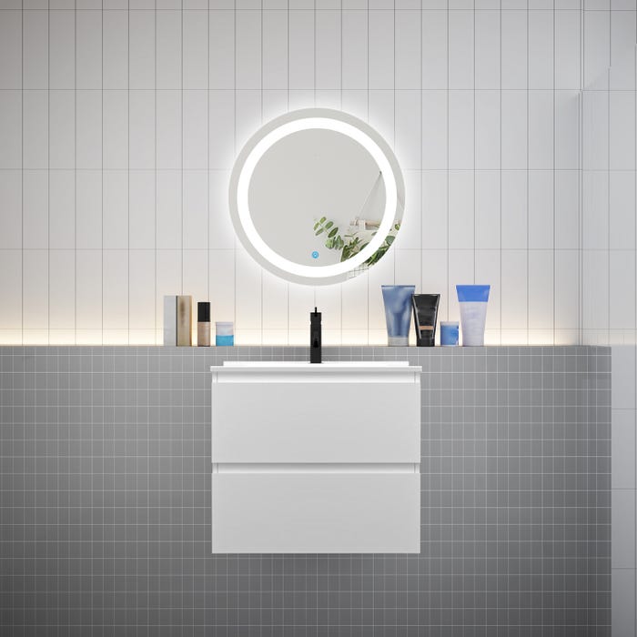 Ensemble L.60cm meuble vasque 2 tiroirs + lavabo + LED miroir rond 60cm,blanc