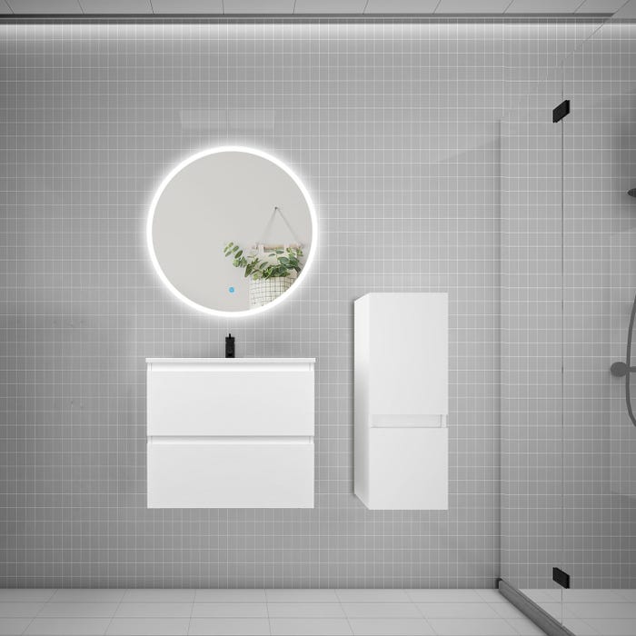 Ensemble meuble vasque L.60cm 2 tiroirs + lavabo + LED miroir rond 70cm + colonne,blanc