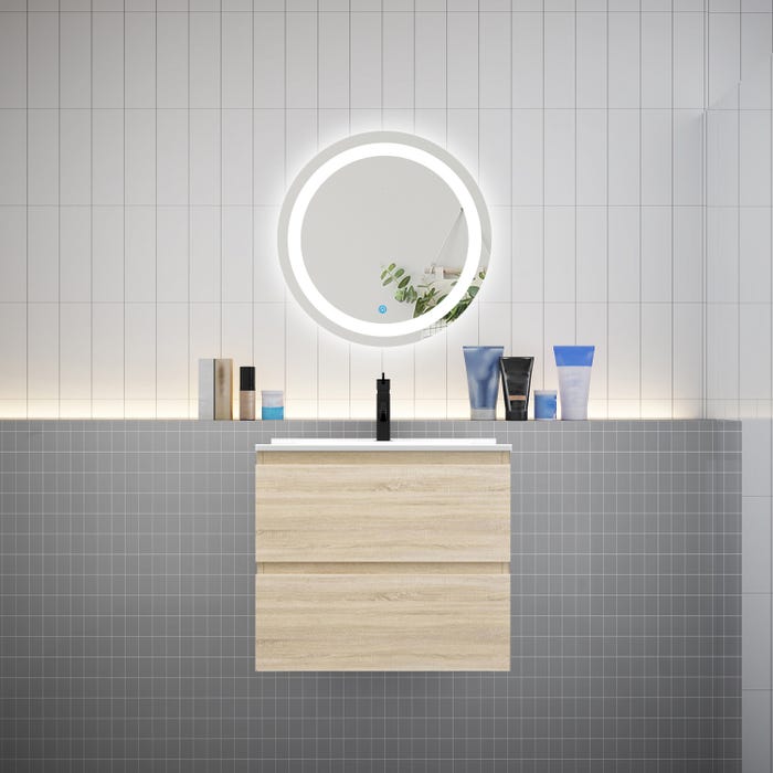 Ensemble L.60cm meuble vasque 2 tiroirs + lavabo + LED miroir rond 60cm,chêne