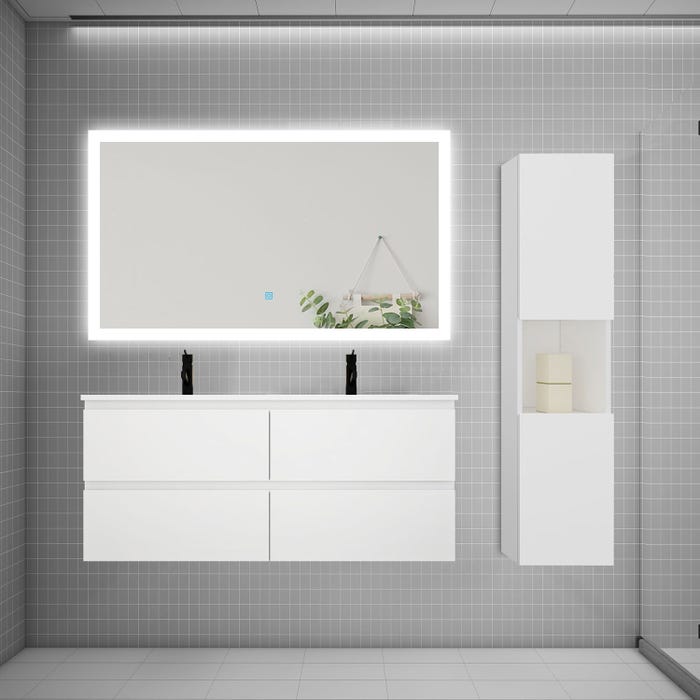 Ensemble meuble 2 vasque L.120cm 4 tiroirs + lavabo + LED miroir + colonne,blanc aica