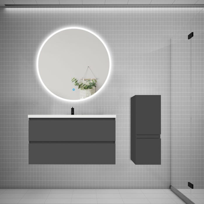 Ensemble meuble vasque L.99cm 2 tiroirs + lavabo + LED miroir rond 100cm + colonne,anthracite
