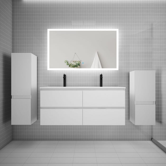 Ensemble meuble 2 vasque L.120cm + lavabo + LED miroir + 2*colonne,blanc